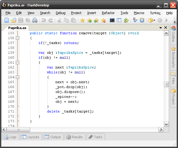 Pantalla de edición de FlashDevelop