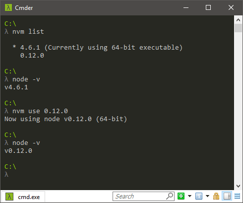 nvm ejecutándose en un terminal